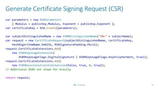 Generate Certificate Signing Request (CSR)
33
var parameters = new RSAParameters
{ Modulus = publicKey.Modulus, Exponent = publicKey.Exponent };
var certificateKey = RSA.Create(parameters);
var subjectDistinguishedName = new X500DistinguishedName("CN=" + subjectName);
var request = new CertificateRequest(subjectDistinguishedName, certificateKey,
HashAlgorithmName.SHA256, RSASignaturePadding.Pkcs1);
request.CertificateExtensions.Add(
new X509KeyUsageExtension(
X509KeyUsageFlags.DigitalSignature | X509KeyUsageFlags.KeyEncipherment, true));
request.CertificateExtensions.Add(
new X509BasicConstraintsExtension(false, true, 0, true));
// Additional X509 not shown for brevity
return request;
 