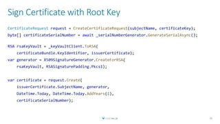 Sign Certificate with Root Key
34
CertificateRequest request = CreateCertificateRequest(subjectName, certificateKey);
byte[] certificateSerialNumber = await _serialNumberGenerator.GenerateSerialAsync();
RSA rsaKeyVault = _keyVaultClient.ToRSA(
certificateBundle.KeyIdentifier, issuerCertificate);
var generator = X509SignatureGenerator.CreateForRSA(
rsaKeyVault, RSASignaturePadding.Pkcs1);
var certificate = request.Create(
issuerCertificate.SubjectName, generator,
DateTime.Today, DateTime.Today.AddYears(1),
certificateSerialNumber);
 