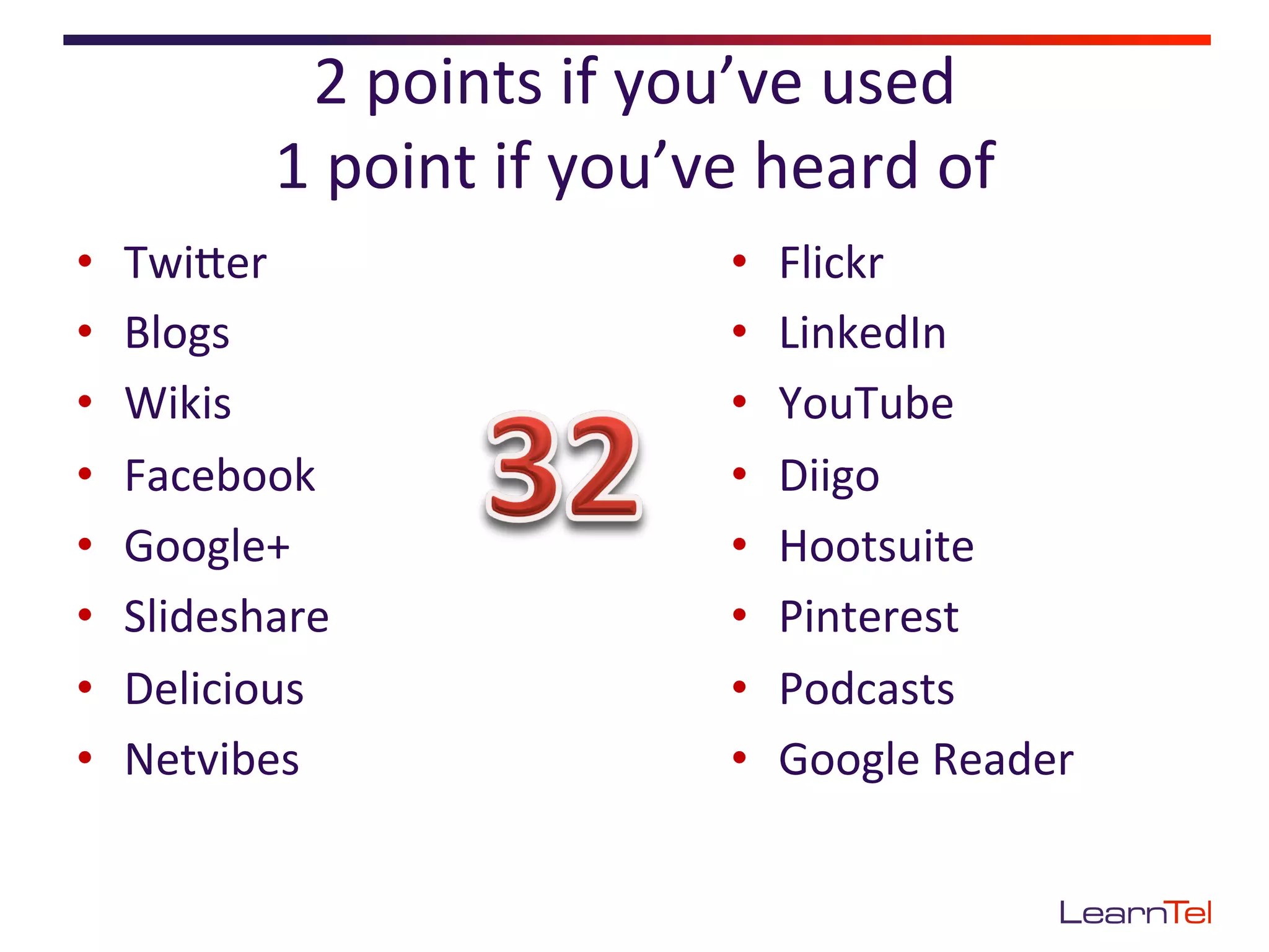 2	
  points	
  if	
  you’ve	
  used	
  
              1	
  point	
  if	
  you’ve	
  heard	
  of	
  
•    TwiEer	
                            •    Flickr	
  
•    Blogs	
                             •    LinkedIn	
  
•    Wikis	
                             •    YouTube	
  
•    Facebook	
                          •    Diigo	
  
•    Google+	
                           •    Hootsuite	
  
•    Slideshare	
                        •    Pinterest	
  
•    Delicious	
                         •    Podcasts	
  
•    Netvibes	
                          •    Google	
  Reader	
  
 