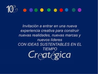 Invitación a entrar en una nueva
 experiencia creativa para construir
nuevas realidades, nuevas marcas y
           nuevos líderes
CON IDEAS SUSTENTABLES EN EL
               TIEMPO
 