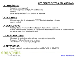 www.creathes.com
LA COSMÉTIQUE:
Protection de principe actif
Libération de principe actif (pH, T°, solubilisation)
Filtre UV
Protection de pigment/colorant vis-à-vis de la lumière
LA PHARMACIE
Libération contrôlée de principe actif (PARAPSYLLIUM, laxatif par voie orale
gastro-résistant
LA SIGNALÉTIQUE
Les étiquettes la Sommelière: Pigment/colorant thermochrome encapsulé
Bandes réfléchissantes, panneaux de signalisation : Pigment photochrome, ou photoluminescent
encapsulé et incorporé dans des peintures
L’AGROALIMENTAIRE:
Masquage du goût: alimentation animale et complément alimentaire
Protection d’arôme :chewing-gum, conserves
Transformation de liquide en poudre (graisse)
LA DETERGENCE:
Parfum encapsulé pour adoucissant ou lessive (SOUPLINE de COLGATE)
LES DIFFERENTES APPLICATIONS
 