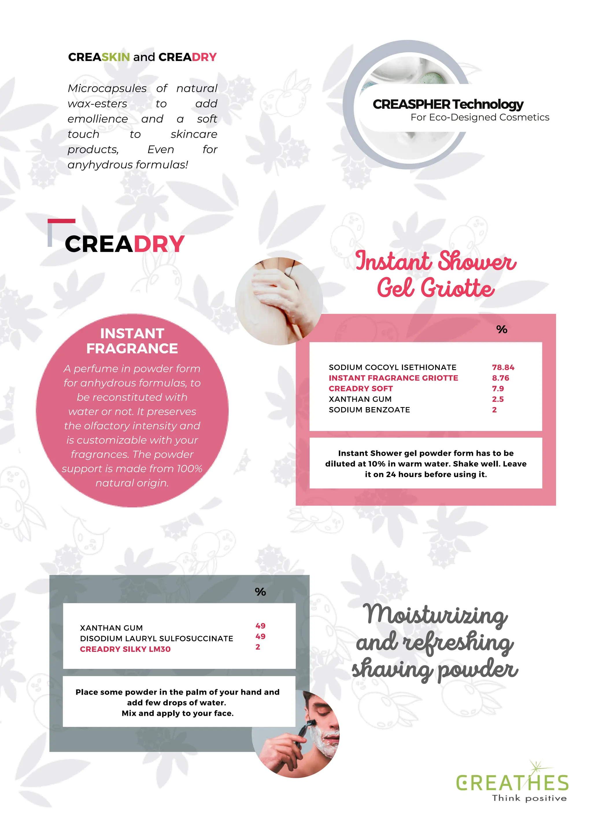 For Eco-Designed Cosmetics
CREASPHERTechnology
CREADRY
INSTANT
FRAGRANCE
A perfume in powder form
for anhydrous formulas, to
be reconstituted with
water or not. It preserves
the olfactory intensity and
is customizable with your
fragrances. The powder
support is made from 100%
natural origin.
Moisturizing
and refreshing
shaving powder
XANTHAN GUM
DISODIUM LAURYL SULFOSUCCINATE
CREADRY SILKY LM30
49
49
2
%
Instant Shower
Gel Griotte
SODIUM COCOYL ISETHIONATE
INSTANT FRAGRANCE GRIOTTE
CREADRY SOFT
XANTHAN GUM
SODIUM BENZOATE
78.84
8.76
7.9
2.5
2
%
Instant Shower gel powder form has to be
diluted at 10% in warm water. Shake well. Leave
it on 24 hours before using it.
CREASKIN and CREADRY
Microcapsules of natural
wax-esters to add
emollience and a soft
touch to skincare
products, Even for
anyhydrous formulas!
Place some powder in the palm of your hand and
add few drops of water.
Mix and apply to your face.
 