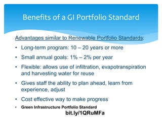 Benefits of a GI Portfolio Standard
Advantages similar to Renewable Portfolio Standards:
• Long-term program: 10 – 20 year...