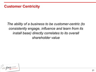 Customer Centricity  The ability of a business to be customer-centric (to consistently engage, influence and learn from its install base) directly correlates to its overall shareholder value 