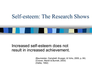 Self-esteem: The Research Shows Increased self-esteem does not result in increased achievement. (Baumeister, Campbell, Krueger, & Vohs, 2005, p. 84) (Craven, Marsh & Burnett, 2003) (Hattie, 1992) 