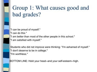 Group 1: What causes good and bad grades? "I can be proud of myself."  "I can do this."  "I am better than most of the other people in this school."  "I am satisfied with myself."  Students who did not improve were thinking: "I'm ashamed of myself."  "I don't deserve to be in college."  "I'm worthless." BOTTOM LINE: Hold your head--and your self-esteem--high.  