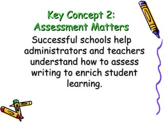 Key Concept 2: Assessment Matters Successful schools help administrators and teachers understand how to assess writing to enrich student learning. 