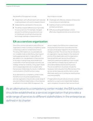 Cognizant 20-20 Insights
9  /  Creating an Agile Enterprise Architecture
As an alternative to a competency center model, the EA function
should be established as a services organization that provides a
wide range of services to different stakeholders in the enterprise as
defined in its charter.
Key benefits of this approach include:
	❙ Independent, self-sufficient teams with reduced
coupling between units and increased cohesion.
	❙ Independently scale based on the services.
	❙ The ability to exploit different sourcing models
for various services. For example, managed
services for architecture assurance services
or time-boxed consulting for business-led
technology roadmaps or assessments, etc.
Key limitations include:
	❙ Challenges with effective utilization of resources
to avoid resource redundancies.
	❙ Inability to foster a community based on
architecture domains.
	❙ Difficulty avoiding walls between units to
effectively integrate services across service lines.
EA as a services organization
One of the common perceptions about EA as an
organization is that it is merely a competency center
comprising a collection of talented architects.
This setup often leads to an unsustainable and
non-scalable model, as identifying, retaining and
scaling appropriate talent is highly difficult. It
also leads to non-standardization of services due
to my-way-of-doing things; and a tendency to
involve EAs in more tactical project activities over
strategic enterprise initiatives, citing urgent needs
and increased dependencies on people rather
than process. Collectively, this results in ineffective
communication of the EA function’s value.
As an alternative to a competency center model,
the EA function should be established as a
services organization that provides a wide range of
services to different stakeholders in the enterprise
as defined in its charter. With this approach, the
value or impact of an EA function is determined
first by the kind of services it provides and if the
services can be easily mapped to the enterprise’s
strategic priorities. The services that are relevant to
an organization may vary, based on the needs and
priority of the stakeholders and the organization.
Having said that, each service should have a
clearly articulated service definition that includes
a clear definition of ready (inputs), definition of
done (deliverables/outputs) and the process.
The service definition should also include the
necessary metrics by which the effectiveness of the
service can be measured, and the metrics can be
effectively used to tie it to enterprise-level business
outcomes and KPIs.
IT organizations should institute a formal customer
satisfaction survey to solicit stakeholder feedback
upon completion of a service. Each service should
 
