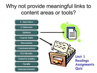 Why not provide meaningful links to content areas or tools? Unit 1 Readings Assignments Quiz 