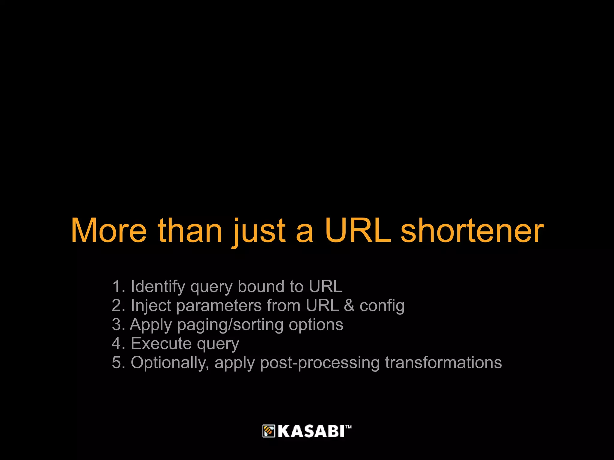More than just a URL shortener 1. Identify query bound to URL 2. Inject parameters from URL & config 3. Apply paging/sorting options 4. Execute query 5. Optionally, apply post-processing transformations 