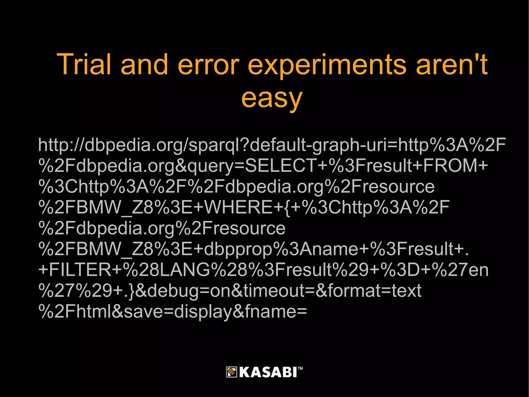 http://dbpedia.org/sparql?default-graph-uri=http%3A%2F%2Fdbpedia.org&query=SELECT+%3Fresult+FROM+%3Chttp%3A%2F%2Fdbpedia.org%2Fresource%2FBMW_Z8%3E+WHERE+{+%3Chttp%3A%2F%2Fdbpedia.org%2Fresource%2FBMW_Z8%3E+dbpprop%3Aname+%3Fresult+.+FILTER+%28LANG%28%3Fresult%29+%3D+%27en%27%29+.}&debug=on&timeout=&format=text%2Fhtml&save=display&fname= Trial and error experiments aren't easy 