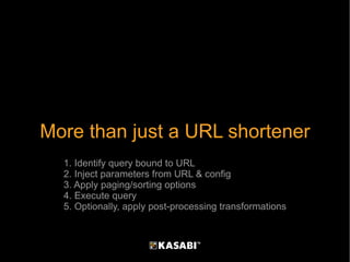 More than just a URL shortener 1. Identify query bound to URL 2. Inject parameters from URL & config 3. Apply paging/sorti...