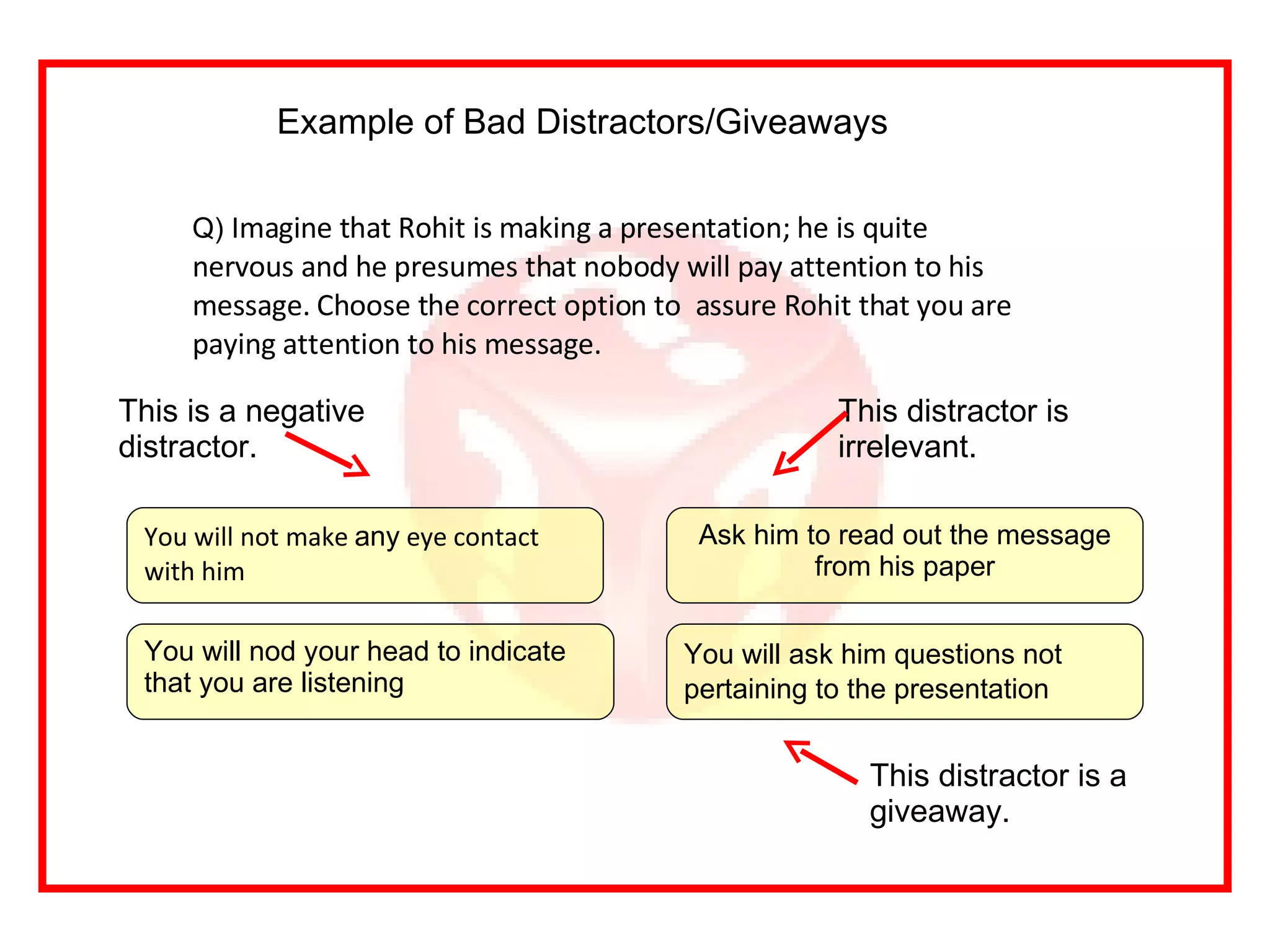 Example of Bad Distractors/Giveaways  Q)  Imagine that Rohit is making a presentation; he is quite nervous and he presumes that nobody will pay attention to his message. Choose the correct option to  assure Rohit that you are paying attention to his message. You will ask him questions not pertaining to the presentation   You will nod your head to indicate that you are listening You will not make  any  eye contact with him Ask him to read out the message from his paper This is a negative distractor. This distractor is irrelevant. This distractor is a giveaway. 