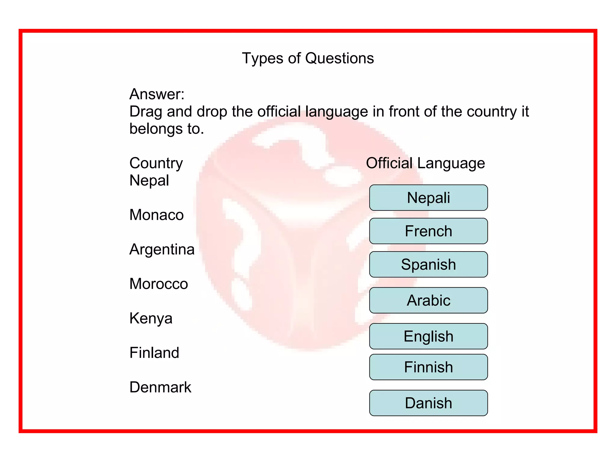 Types of Questions Answer: Drag and drop the official language in front of the country it belongs to. Country   Official Language Nepal  Monaco Argentina Morocco Kenya Finland Denmark French Nepali Spanish Arabic English Finnish Danish 