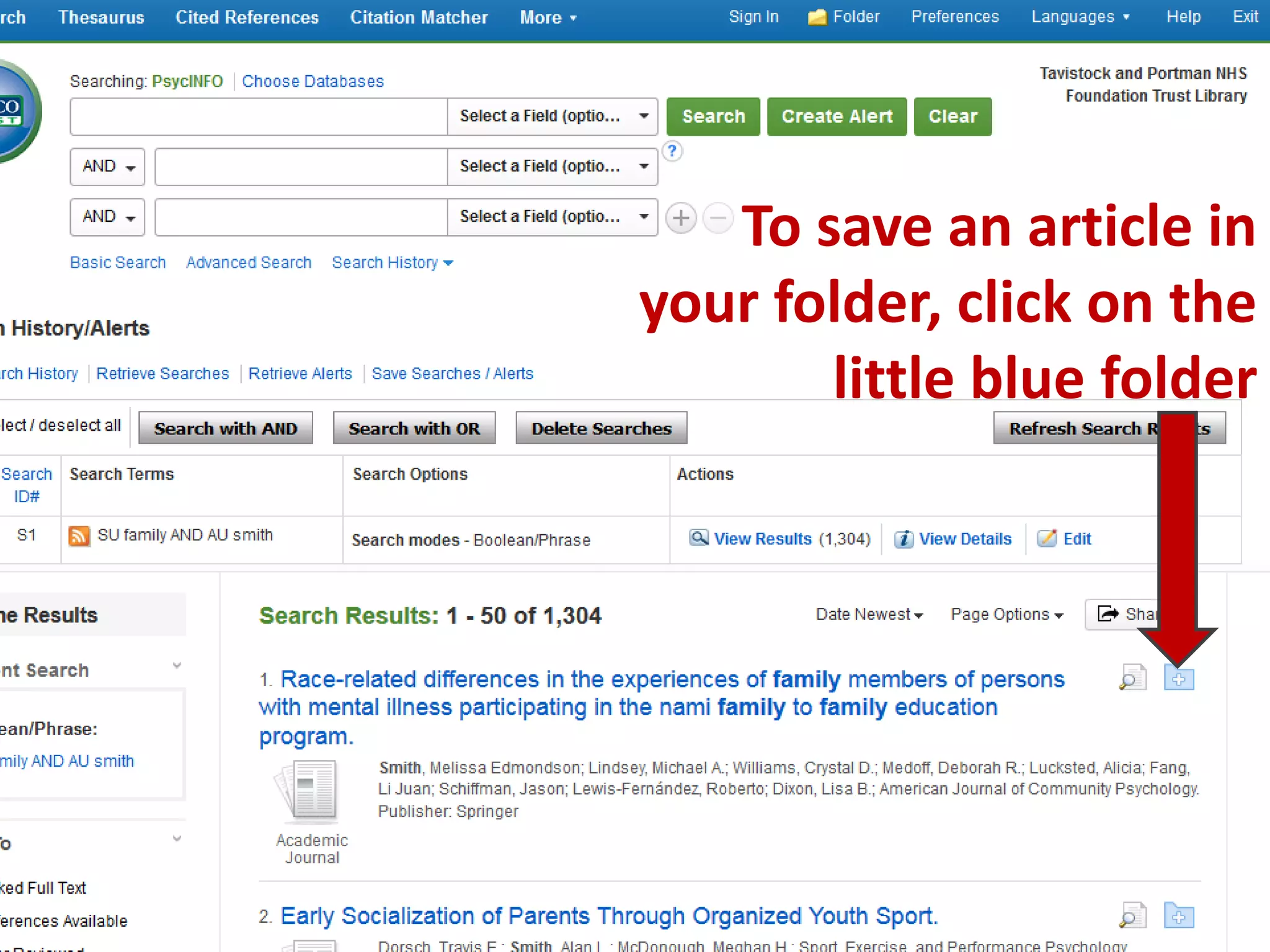 To save an article in
your folder, click on the
little blue folder