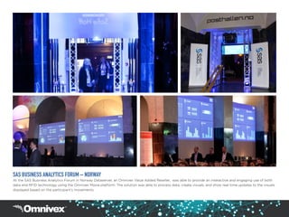 SAS BUSINESS ANALYTICS FORUM – NORWAY
At the SAS Business Analytics Forum in Norway Dataserver, an Omnivex Value Added Reseller, was able to provide an interactive and engaging use of both
data and RFID technology using the Omnivex Moxie platform. The solution was able to process data, create visuals, and show real-time updates to the visuals
displayed based on the participant’s movements.
 