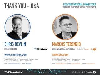 CHRIS DEVLIN
DIRECTOR, SALES
www.omnivex.com
Omnivex Corporation
3300 Highway 7, Suite 501, Concord, Ontario, L4K 4M3 Canada
Telephone: 905.761.6640  |   Toll-Free: 800.745.8223
email: cdevlin@omnivex.com  |   Twitter: @omnivex
MARCOS TERENZIO
DIRECTOR, DIGITAL EXPERIENCE
www.sld.com
Shikatani Lacroix Design Inc.
387 Richmond Street East, Toronto, Ontario, M5A 1P6, Canada
direct 416.367.4700 ext. 234  |   cell 416.567.8957
email: mterenzio@sld.com  |  Twitter: @marcosterenzio  |  Linkedin: marcosterenzio
THANK YOU - Q&A CREATING EMOTIONAL CONNECTIONS
THROUGH IMMERSIVE DIGITAL EXPERIENCES
 