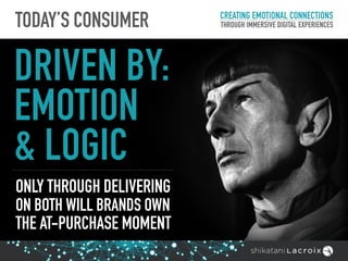 DRIVEN BY:  
EMOTION
& LOGIC
ONLY THROUGH DELIVERING
ON BOTH WILL BRANDS OWN  
THE AT-PURCHASE MOMENT
TODAY’S CONSUMER CREATING EMOTIONAL CONNECTIONS
THROUGH IMMERSIVE DIGITAL EXPERIENCES
 