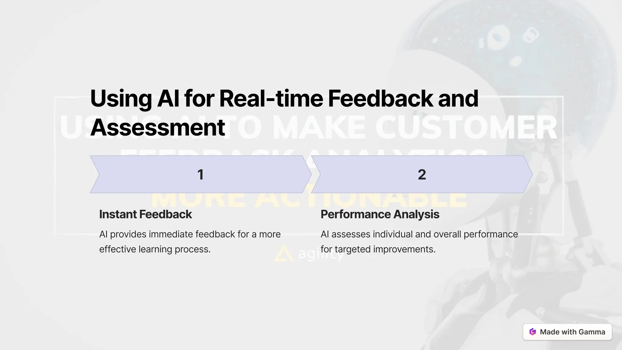 UsingAIforReal-timeFeedbackand
Assessment
1
InstantFeedback
AI provides immediate feedback for a more
effective learning process.
2
PerformanceAnalysis
AI assesses individual and overall performance
for targeted improvements.
 