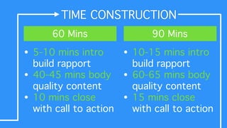 TIME CONSTRUCTION
60 Mins
• 5-10 mins intro 
build rapport!
• 40-45 mins body 
quality content!
• 10 mins close  
with cal...