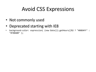 Add an Expires Header Static components – use Expires headerSomething like 10 years from nowDynamic components – use Cache-Control headerMax-age in secondsUse this to “prime” the browser cacheNeed to change filename or use a “cache buster” when contents changeyahoo_2.0.6.jsyahoo.js?20110310