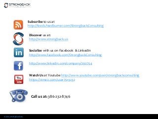 www.strongback.us
Socialize with us on Facebook & LinkedIn
http://www.facebook.com/StrongbackConsulting
http://www.linkedin.com/company/290754
Subscribe to us at
http://feeds.feedburner.com/StrongbackConsulting
Discover us at:
http://www.strongback.us
Watch Us at Youtube http://www.youtube.com/user/strongbackconsulting
https://vimeo.com/user7519232
Call us at: 386-232-8746
 
