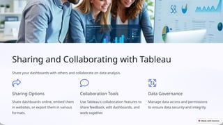 Sharing and Collaborating with Tableau
Share your dashboards with others and collaborate on data analysis.
Sharing Options
Share dashboards online, embed them
in websites, or export them in various
formats.
Collaboration Tools
Use Tableau's collaboration features to
share feedback, edit dashboards, and
work together.
Data Governance
Manage data access and permissions
to ensure data security and integrity.
 