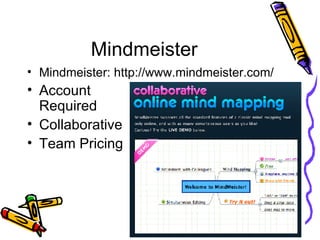 Mindmeister Mindmeister: http://www.mindmeister.com/ Account  Required Collaborative Team Pricing 