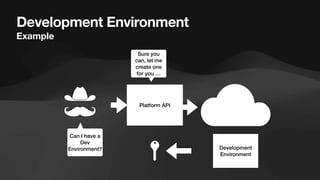 Development Environment
Example
Platform API
Can I have a
Dev
Environment? Development
Environment
Sure you
can, let me
create one
for you …
 