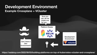 Development Environment
Example Crossplane + VCluster
Platform Cluster
Can I have a
Dev
Environment?
Development
Environment
Sure you
can, let me
create one
for you …
https://salaboy.com/2022/08/03/building-platforms-on-top-of-kubernetes-vcluster-and-crossplane/
 
