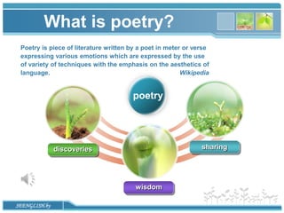 www.themegallery.com
discoveries
wisdom
sharing
poetry
Poetry is piece of literature written by a poet in meter or verse
expressing various emotions which are expressed by the use
of variety of techniques with the emphasis on the aesthetics of
language. Wikipedia
What is poetry?
SEENGLISH.by
 