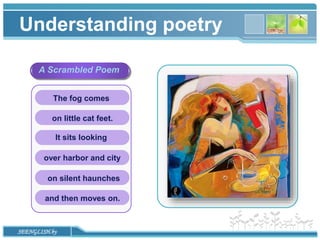 www.themegallery.com
Understanding poetry
It sits looking
on little cat feet.
A Scrambled Poem
over harbor and city
on silent haunches
and then moves on.
The fog comes
SEENGLISH.by
 