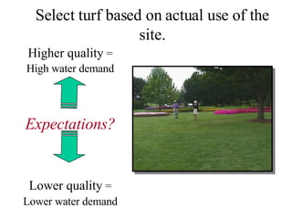 Select turf based on actual use of the site. Higher quality  = High water demand Expectations? Lower quality  = Lower water demand 
