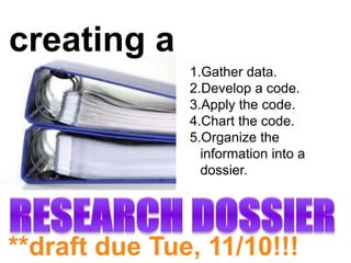 creating a
1.Gather data.
2.Develop a code.
3.Apply the code.
4.Chart the code.
5.Organize the
information into a
dossier.
**draft due Tue, 11/10!!!
 