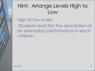 Hint:  Arrange Levels High to Low High to low scale.  Students read first the description of an exemplary performance in each criterion.  