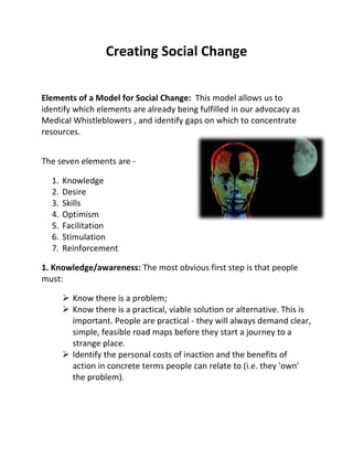Creating Social Change

Elements of a Model for Social Change: This model allows us to
identify which elements are already being fulfilled in our advocacy as
Medical Whistleblowers , and identify gaps on which to concentrate
resources.


The seven elements are -

  1.   Knowledge
  2.   Desire
  3.   Skills
  4.   Optimism
  5.   Facilitation
  6.   Stimulation
  7.   Reinforcement

1. Knowledge/awareness: The most obvious first step is that people
must:

        Know there is a problem;
        Know there is a practical, viable solution or alternative. This is
         important. People are practical - they will always demand clear,
         simple, feasible road maps before they start a journey to a
         strange place.
        Identify the personal costs of inaction and the benefits of
         action in concrete terms people can relate to (i.e. they 'own'
         the problem).
 
