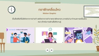 กรำฟิกเคลื่อนไหว
Motion Graphic
เป็นสื่อวิดีโอที่ไม่ได้เกิดจากการถ่ายทา แต่เกิดจากการทาภาพกราฟิกหลายๆ ฉากแล้วนามากาหนดการเคลื่อนไหว
เหมาะสาหรับการสร้างสื่อให้ความรู้
 