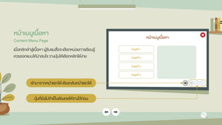 หน้ำเมนูเนื้อหำ
โมดูลที่ 1
โมดูลที่ 2
โมดูลที่ 3
โมดูลที่ 4
หน้ำเมนูเนื้อหำ
Content Menu Page
เมื่อคลิกเข้าสู่เนื้อหา ผู้รับชมสื่อจะเลือกหน่วยการเรียนรู้
ควรออกแบบให้น่าสนใจ วางปุ่มให้เลือกคลิกได้ง่าย
เข้ามาจากหน้าแรกได้ ต้องกลับหน้าแรกได้
ปุ่มที่ยังไม่จาเป็นต้องกดให้จางไว้ก่อน
 