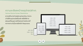 ควำมละเอียดหน้ำจออุปกรณ์ต่ำงๆ
Various Device Screen Resolutions
เราควรศึกษาหน้าจอแต่ละอุปกรณ์ก่อน ว่าเราจะ
นาไปใช้กับอุปกรณ์ใดเป็นหลัก เพื่อให้ได้การ
แสดงผลที่สมบูรณ์ แต่ปัจจุบันหน้าจอมีขนาดที่
หลากหลาย ดังนั้นควรยึดหลัก Responsive
1366 x 768
1600 x 900
1920 x 1080
2560 x 1440
3480 x 2160
800 x 1280
768 x 1024
1668 x 2388
อื่นๆ
480 x 800
1080 x 1920
อื่นๆ
1366 x 768
1920 x 1080
2560 x 1440
3480 x 2160
 