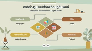 อินโฟกรำฟิก
Infographic
กรำฟิกเคลื่อนไหว
Motion Graphic
วิดีโอ
Video
พอดแคสต์
Podcast
ตัวอย่ำงรูปแบบสื่อดิจิทัลปฏิสัมพันธ์
Examples of Interactive Digital Media
 
