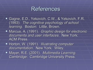References  Gagne, E.D., Yekovich, C.W., & Yekovich, F.R. (1993).  The cognitive psychology of school learning .  Boston:  Little, Brown.  Marcus, A. (1991).  Graphic design for electronic documents and user interfaces .  New York:  ACM Press.  Horton, W. (1991).  Illustrating computer documentation .  New York:  Wiley.  Mayer, R.E. (2001).  Multimedia Learning .  Cambridge:  Cambridge University Press.  