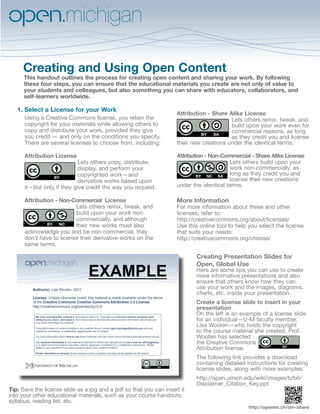 Creating and Using Open Content
      This handout outlines the process for creating open content and sharing your work. By following
      these four steps, you can ensure that the educational materials you create are not only of value to
      your students and colleagues, but also something you can share with educators, collaborators, and
      self-learners worldwide.

   1. Select a License for your Work
                                                                    Attribution - Share Alike License
      Using a Creative Commons license, you retain the                                   Lets others remix, tweak, and
      copyright for your materials while allowing others to                              build upon your work even for
      copy and distribute your work, provided they give                                  commercial reasons, as long
      you credit — and only on the conditions you specify.                               as they credit you and license
      There are several licenses to choose from, including:         their new creations under the identical terms.

      Attribution License                                           Attribution - Non-Commercial - Share Alike License
                            Lets others copy, distribute,                                Lets others build upon your
                            display, and perform your                                    work non-commercially, as
                            copyrighted work—and                                         long as they credit you and
                            derivative works based upon                                  license their new creations
      it—but only if they give credit the way you request.          under the identical terms.

      Attribution - Non-Commercial License                          More Information
                          Lets others remix, tweak, and             For more information about these and other
                          build upon your work non-                 licenses, refer to:
                          commercially, and although                http://creativecommons.org/about/licenses/
                          their new works must also                 Use this online tool to help you select the license
      acknowledge you and be non-commercial, they                   that suits your needs:
      don’t have to license their derivative works on the           http://creativecommons.org/choose/
      same terms.

                                                                           Creating Presentation Slides for
                                                                           Open, Global Use
                                                                           Here are some tips you can use to create
                                                                           more informative presentations and also
                                                                           ensure that others know how they can
                                                                           use your work and the images, diagrams,
                                                                           charts, etc. inside your presentation.
                                                                           Create a license slide to insert in your
                                                                           presentation
                                                                           On the left is an example of a license slide
                                                                           for an individual—U-M faculty member,
                                                                           Lisa Wooten—who holds the copyright
                                                                           to the course material she created. Prof.
                                                                           Wooten has selected
                                                                           the Creative Commons
                                                                           Attribution license.
                                                                           The following link provides a download
                                                                           containing detailed instructions for creating
                                                                           license slides, along with more examples:
                                                                           http://open.umich.edu/wiki/images/b/b6/
                                                                           Disclaimer_Citation_Key.ppt
Tip: Save the license slide as a jpg and a pdf so that you can insert it
into your other educational materials, such as your course handouts,
syllabus, reading list, etc.
                                                                                                http://openmi.ch/om-share
 