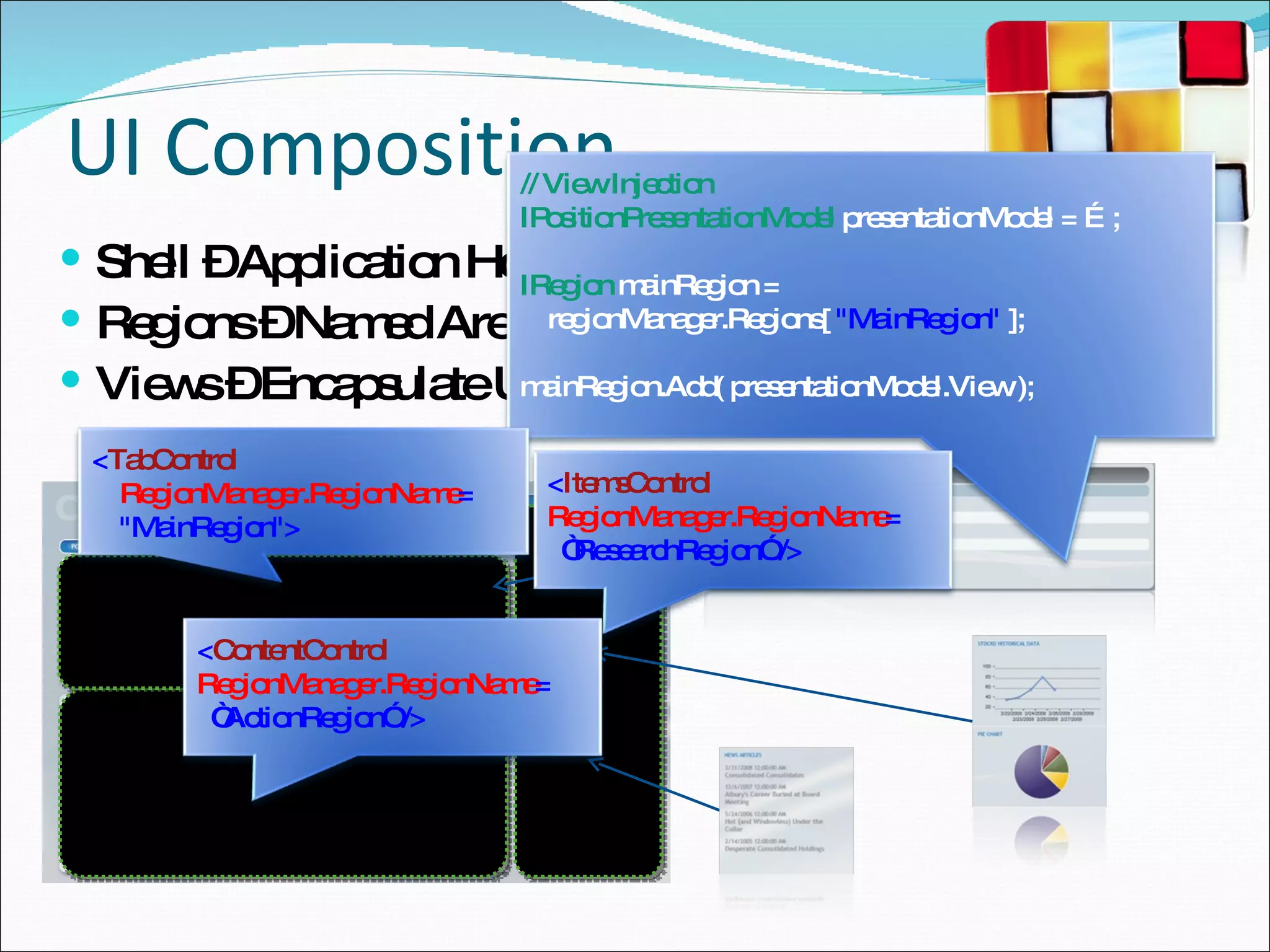 UI Composition Shell – Application Host Window Regions – Named Areas For View Placement Views – Encapsulate UI & Presentation Logic Region Region Region // View Injection IPositionPresentationModel   presentationModel = …; IRegion  mainRegion =   regionManager.Regions[  &quot;MainRegion&quot;  ]; mainRegion.Add( presentationModel.View ); < TabControl   RegionManager.RegionName =   &quot;MainRegion&quot;> < ItemsControl   RegionManager.RegionName =   “ResearchRegion” /> < ContentControl RegionManager.RegionName =   “ActionRegion” /> 