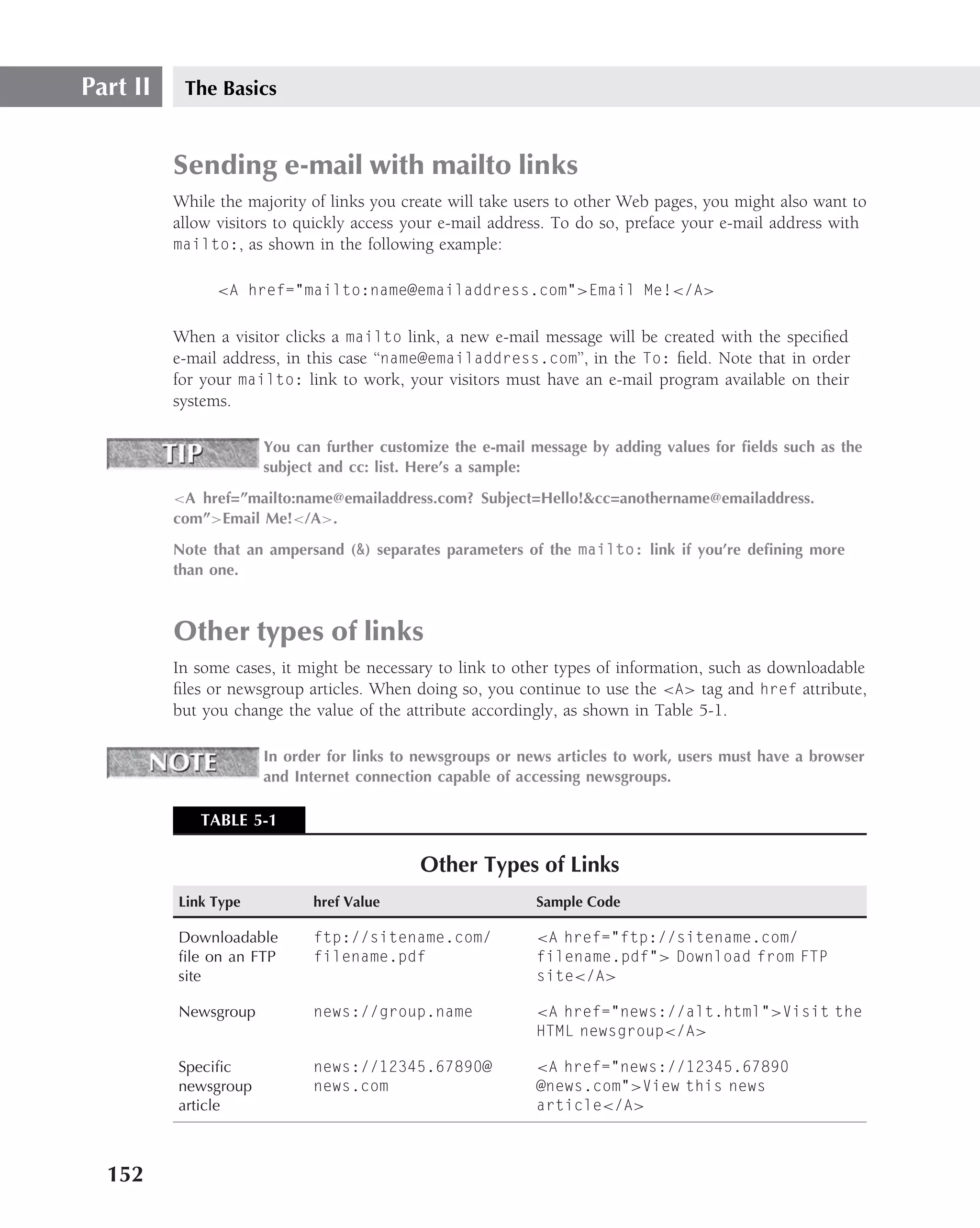 Part II    The Basics


          Sending e-mail with mailto links
          While the majority of links you create will take users to other Web pages, you might also want to
          allow visitors to quickly access your e-mail address. To do so, preface your e-mail address with
          mailto:, as shown in the following example:

                <A href="mailto:name@emailaddress.com">Email Me!</A>


          When a visitor clicks a mailto link, a new e-mail message will be created with the speciﬁed
          e-mail address, in this case ‘‘name@emailaddress.com’’, in the To: ﬁeld. Note that in order
          for your mailto: link to work, your visitors must have an e-mail program available on their
          systems.

                      You can further customize the e-mail message by adding values for ﬁelds such as the
                      subject and cc: list. Here’s a sample:
          <A href=”mailto:name@emailaddress.com? Subject=Hello!&cc=anothername@emailaddress.
          com”>Email Me!</A>.
          Note that an ampersand (&) separates parameters of the mailto: link if you’re deﬁning more
          than one.



          Other types of links
          In some cases, it might be necessary to link to other types of information, such as downloadable
          ﬁles or newsgroup articles. When doing so, you continue to use the <A> tag and href attribute,
          but you change the value of the attribute accordingly, as shown in Table 5-1.

                      In order for links to newsgroups or news articles to work, users must have a browser
                      and Internet connection capable of accessing newsgroups.

             TABLE 5-1

                                            Other Types of Links
          Link Type          href Value                     Sample Code

          Downloadable       ftp://sitename.com/            <A href="ftp://sitename.com/
          ﬁle on an FTP      filename.pdf                   filename.pdf"> Download from FTP
          site                                              site</A>

          Newsgroup          news://group.name              <A href="news://alt.html">Visit the
                                                            HTML newsgroup</A>

          Speciﬁc            news://12345.67890@            <A href="news://12345.67890
          newsgroup          news.com                       @news.com">View this news
          article                                           article</A>



  152
 