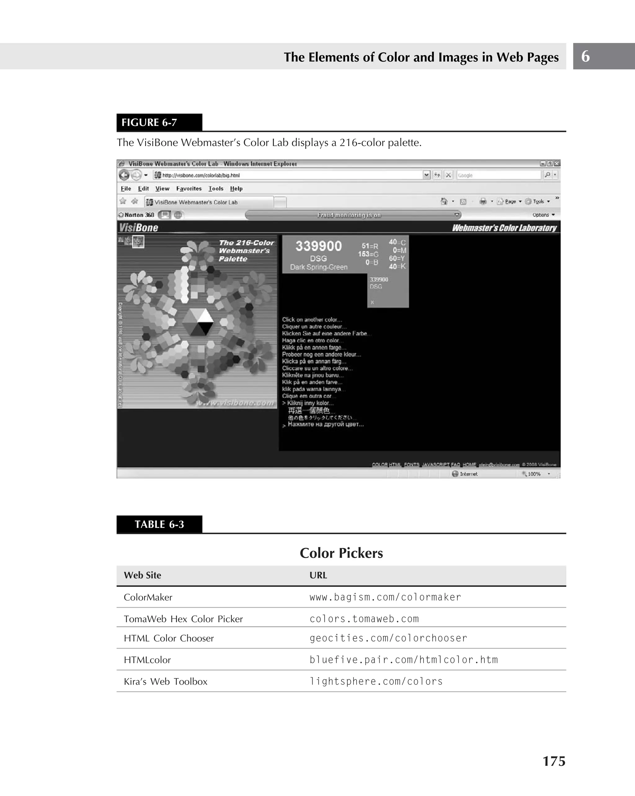The Elements of Color and Images in Web Pages   6


FIGURE 6-7
The VisiBone Webmaster’s Color Lab displays a 216-color palette.




   TABLE 6-3

                                      Color Pickers
 Web Site                               URL

 ColorMaker                             www.bagism.com/colormaker

 TomaWeb Hex Color Picker               colors.tomaweb.com
 HTML Color Chooser                     geocities.com/colorchooser

 HTMLcolor                              bluefive.pair.com/htmlcolor.htm

 Kira’s Web Toolbox                     lightsphere.com/colors




                                                                             175
 