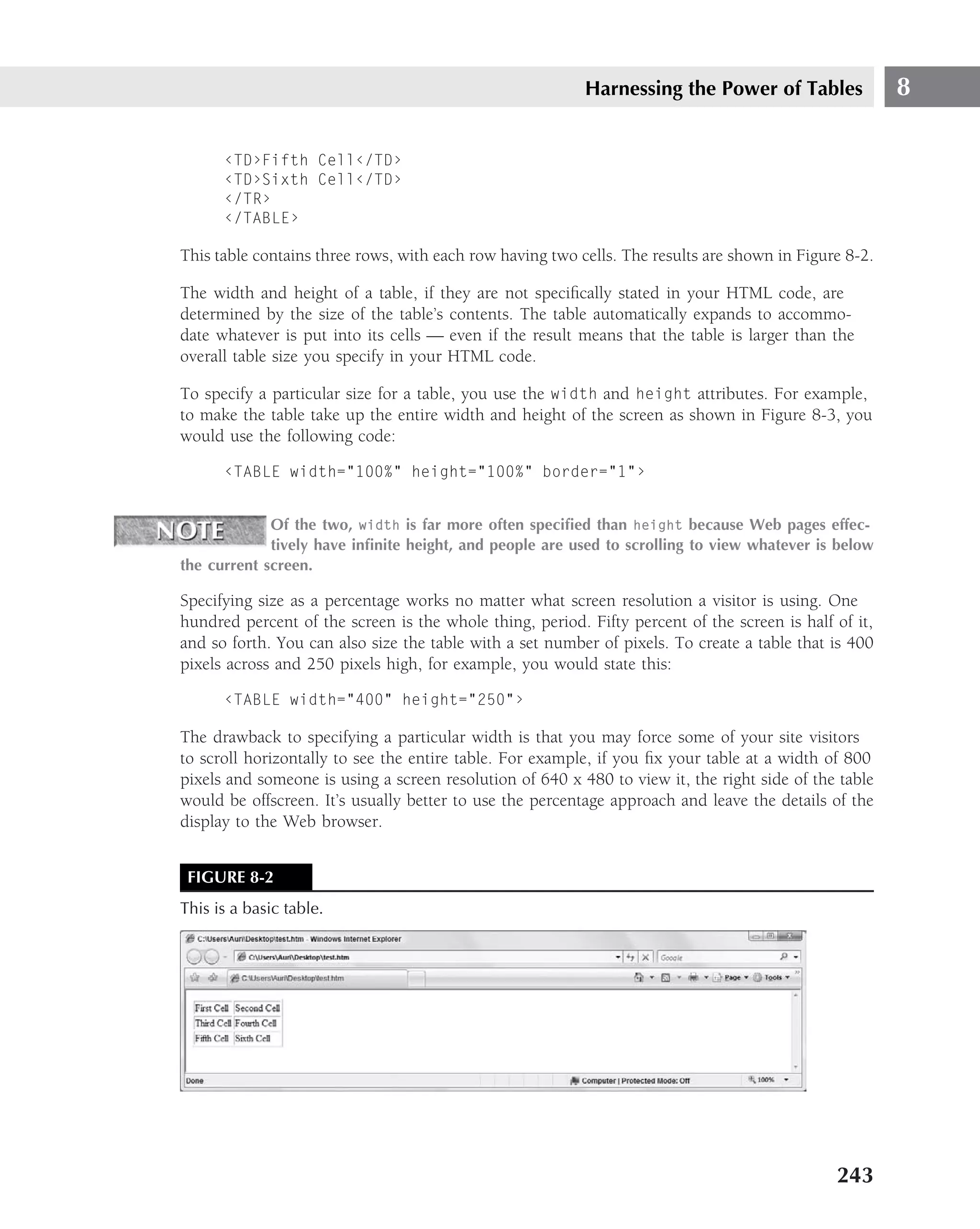 Harnessing the Power of Tables               8

      ‹TD›Fifth Cell‹/TD›
      ‹TD›Sixth Cell‹/TD›
      ‹/TR›
      ‹/TABLE›

This table contains three rows, with each row having two cells. The results are shown in Figure 8-2.

The width and height of a table, if they are not speciﬁcally stated in your HTML code, are
determined by the size of the table’s contents. The table automatically expands to accommo-
date whatever is put into its cells — even if the result means that the table is larger than the
overall table size you specify in your HTML code.

To specify a particular size for a table, you use the width and height attributes. For example,
to make the table take up the entire width and height of the screen as shown in Figure 8-3, you
would use the following code:

      ‹TABLE width="100%" height="100%" border="1"›


             Of the two, width is far more often speciﬁed than height because Web pages effec-
             tively have inﬁnite height, and people are used to scrolling to view whatever is below
the current screen.

Specifying size as a percentage works no matter what screen resolution a visitor is using. One
hundred percent of the screen is the whole thing, period. Fifty percent of the screen is half of it,
and so forth. You can also size the table with a set number of pixels. To create a table that is 400
pixels across and 250 pixels high, for example, you would state this:

      ‹TABLE width="400" height="250"›

The drawback to specifying a particular width is that you may force some of your site visitors
to scroll horizontally to see the entire table. For example, if you ﬁx your table at a width of 800
pixels and someone is using a screen resolution of 640 x 480 to view it, the right side of the table
would be offscreen. It’s usually better to use the percentage approach and leave the details of the
display to the Web browser.


 FIGURE 8-2
This is a basic table.




                                                                                              243
 