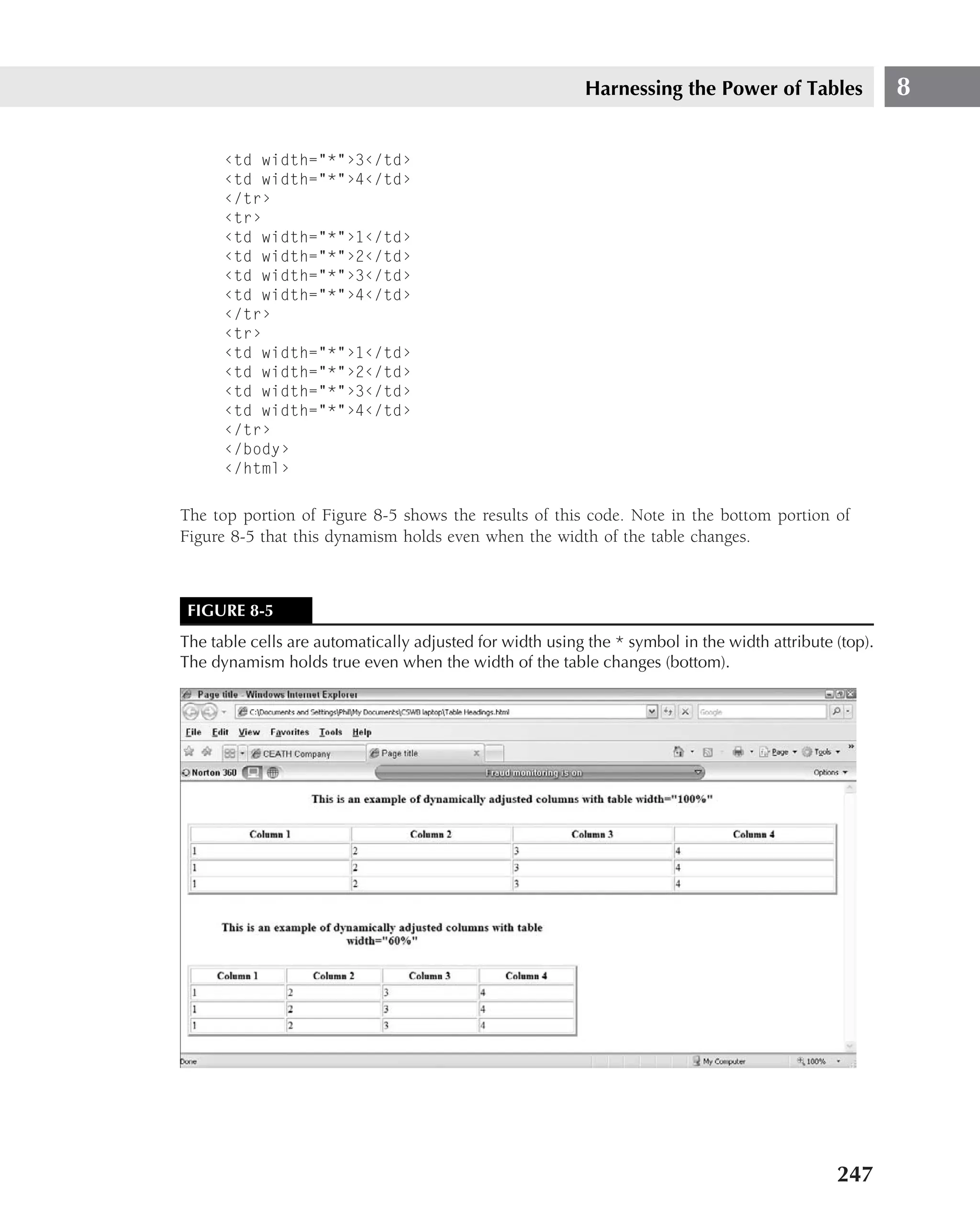 Harnessing the Power of Tables                8

      ‹td width="*"›3‹/td›
      ‹td width="*"›4‹/td›
      ‹/tr›
      ‹tr›
      ‹td width="*"›1‹/td›
      ‹td width="*"›2‹/td›
      ‹td width="*"›3‹/td›
      ‹td width="*"›4‹/td›
      ‹/tr›
      ‹tr›
      ‹td width="*"›1‹/td›
      ‹td width="*"›2‹/td›
      ‹td width="*"›3‹/td›
      ‹td width="*"›4‹/td›
      ‹/tr›
      ‹/body›
      ‹/html›


The top portion of Figure 8-5 shows the results of this code. Note in the bottom portion of
Figure 8-5 that this dynamism holds even when the width of the table changes.



 FIGURE 8-5
The table cells are automatically adjusted for width using the * symbol in the width attribute (top).
The dynamism holds true even when the width of the table changes (bottom).




                                                                                               247
 