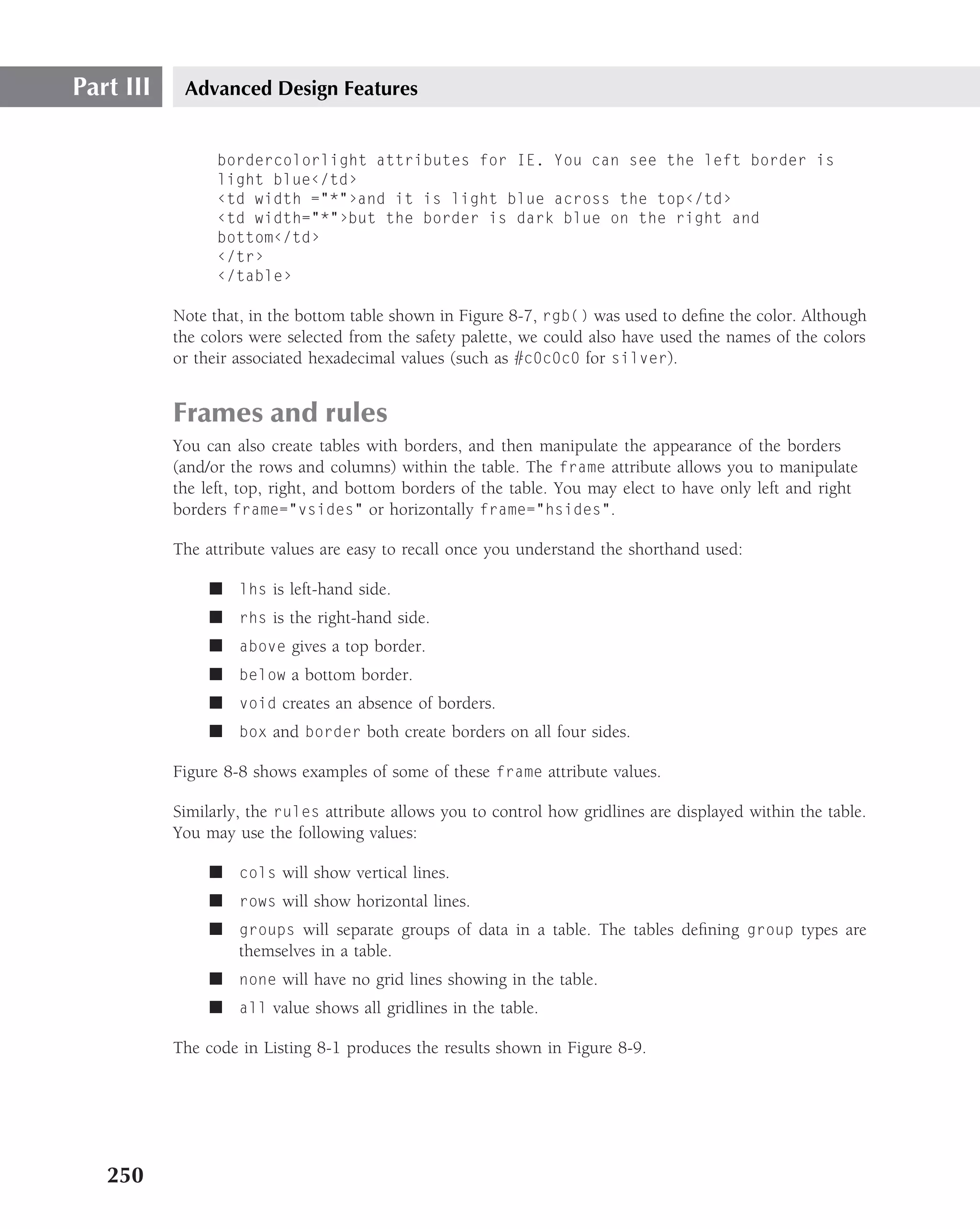 Part III    Advanced Design Features


                 bordercolorlight attributes for IE. You can see the left border is
                 light blue‹/td›
                 ‹td width ="*"›and it is light blue across the top‹/td›
                 ‹td width="*"›but the border is dark blue on the right and
                 bottom‹/td›
                 ‹/tr›
                 ‹/table›

           Note that, in the bottom table shown in Figure 8-7, rgb() was used to deﬁne the color. Although
           the colors were selected from the safety palette, we could also have used the names of the colors
           or their associated hexadecimal values (such as #c0c0c0 for silver).


           Frames and rules
           You can also create tables with borders, and then manipulate the appearance of the borders
           (and/or the rows and columns) within the table. The frame attribute allows you to manipulate
           the left, top, right, and bottom borders of the table. You may elect to have only left and right
           borders frame="vsides" or horizontally frame="hsides".

           The attribute values are easy to recall once you understand the shorthand used:

                ■ lhs is left-hand side.
                ■ rhs is the right-hand side.
                ■ above gives a top border.
                ■ below a bottom border.
                ■ void creates an absence of borders.
                ■ box and border both create borders on all four sides.

           Figure 8-8 shows examples of some of these frame attribute values.

           Similarly, the rules attribute allows you to control how gridlines are displayed within the table.
           You may use the following values:

                ■ cols will show vertical lines.
                ■ rows will show horizontal lines.
                ■ groups will separate groups of data in a table. The tables deﬁning group types are
                  themselves in a table.
                ■ none will have no grid lines showing in the table.
                ■ all value shows all gridlines in the table.

           The code in Listing 8-1 produces the results shown in Figure 8-9.




   250
 