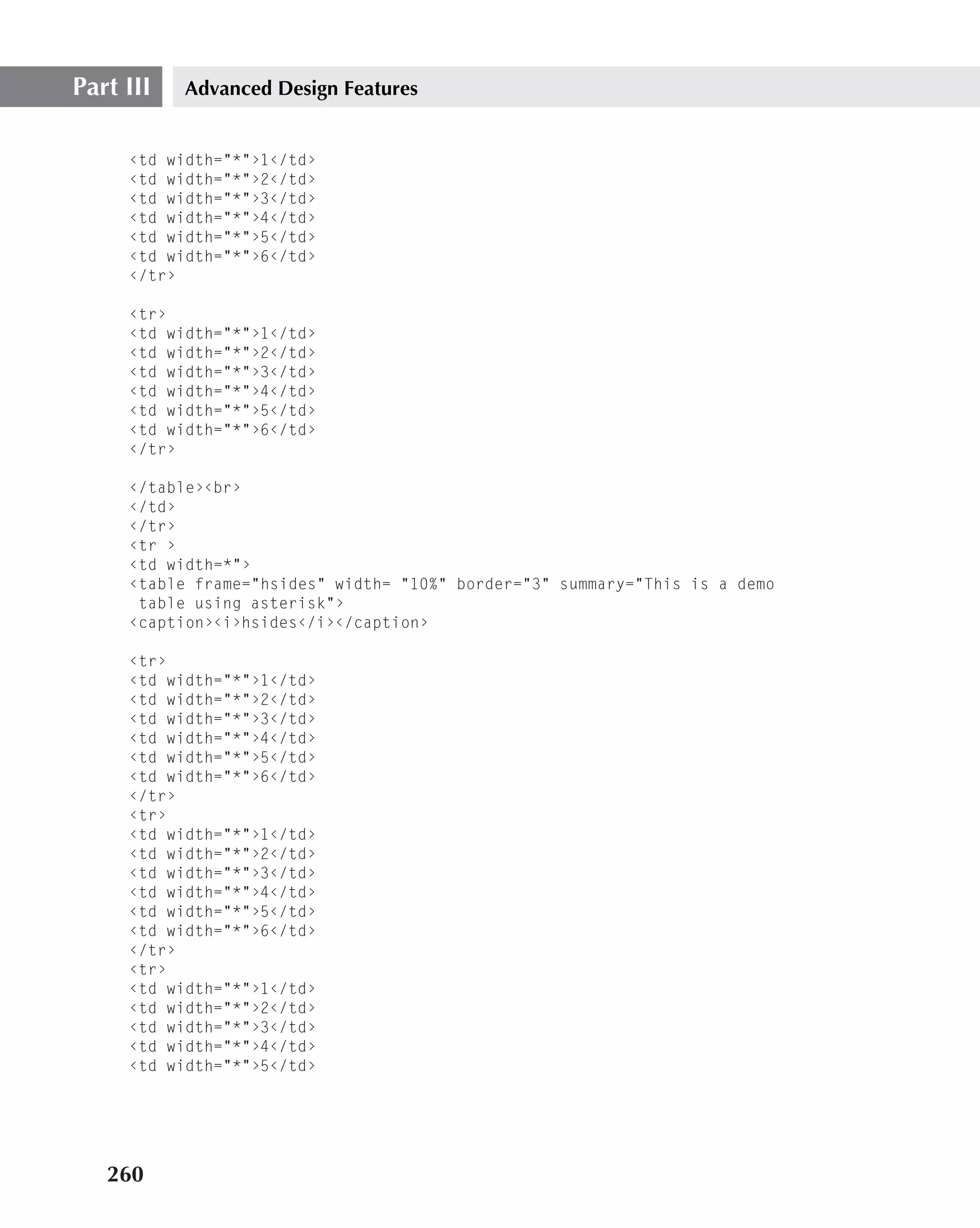 Part III   Advanced Design Features


     ‹td width="*"›1‹/td›
     ‹td width="*"›2‹/td›
     ‹td width="*"›3‹/td›
     ‹td width="*"›4‹/td›
     ‹td width="*"›5‹/td›
     ‹td width="*"›6‹/td›
     ‹/tr›

     ‹tr›
     ‹td width="*"›1‹/td›
     ‹td width="*"›2‹/td›
     ‹td width="*"›3‹/td›
     ‹td width="*"›4‹/td›
     ‹td width="*"›5‹/td›
     ‹td width="*"›6‹/td›
     ‹/tr›

     ‹/table›‹br›
     ‹/td›
     ‹/tr›
     ‹tr ›
     ‹td width=*"›
     ‹table frame="hsides" width= "10%" border="3" summary="This is a demo
      table using asterisk"›
     ‹caption›‹i›hsides‹/i›‹/caption›

     ‹tr›
     ‹td width="*"›1‹/td›
     ‹td width="*"›2‹/td›
     ‹td width="*"›3‹/td›
     ‹td width="*"›4‹/td›
     ‹td width="*"›5‹/td›
     ‹td width="*"›6‹/td›
     ‹/tr›
     ‹tr›
     ‹td width="*"›1‹/td›
     ‹td width="*"›2‹/td›
     ‹td width="*"›3‹/td›
     ‹td width="*"›4‹/td›
     ‹td width="*"›5‹/td›
     ‹td width="*"›6‹/td›
     ‹/tr›
     ‹tr›
     ‹td width="*"›1‹/td›
     ‹td width="*"›2‹/td›
     ‹td width="*"›3‹/td›
     ‹td width="*"›4‹/td›
     ‹td width="*"›5‹/td›




   260
 