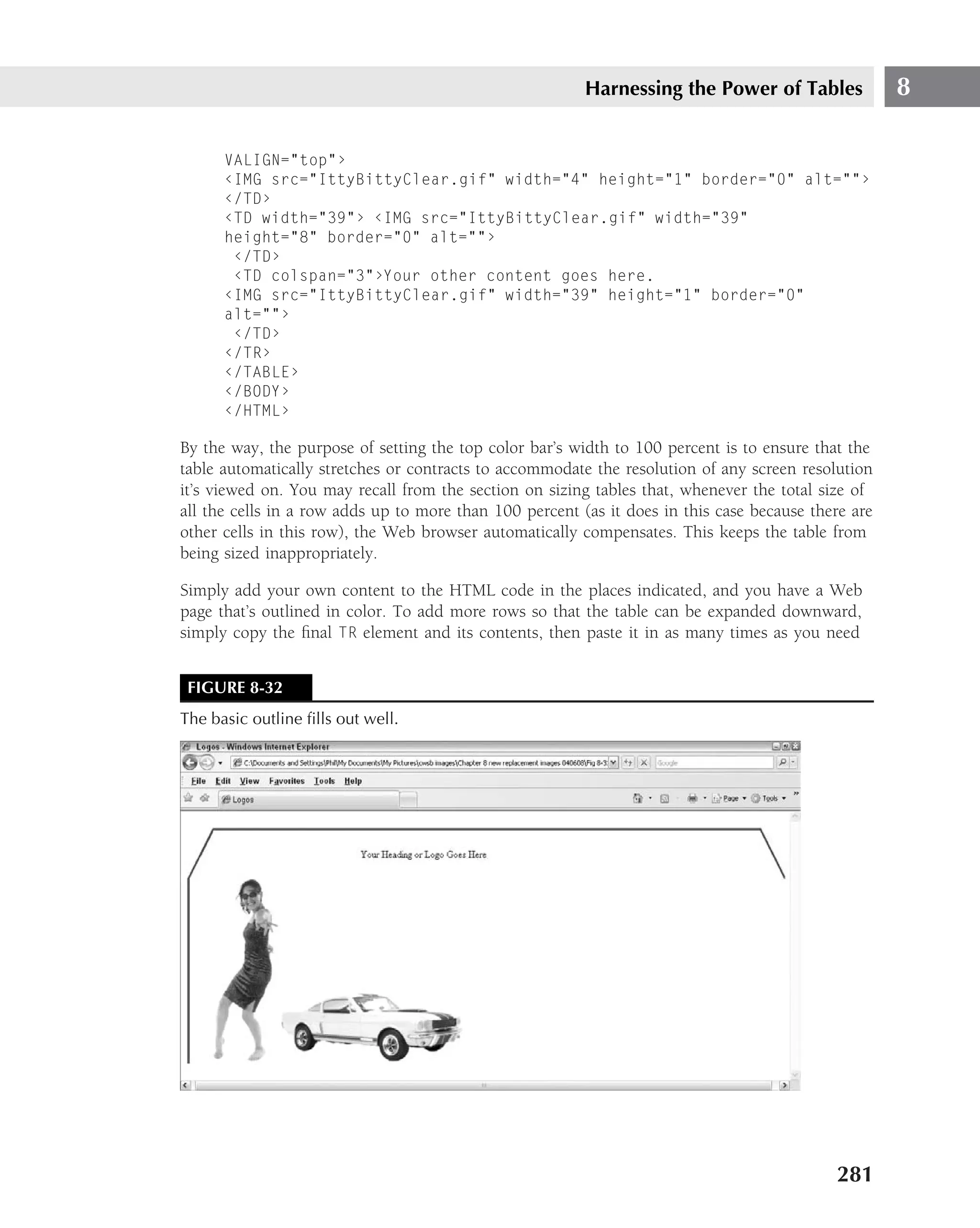 Harnessing the Power of Tables              8

      VALIGN="top"›
      ‹IMG src="IttyBittyClear.gif" width="4" height="1" border="0" alt=""›
      ‹/TD›
      ‹TD width="39"› ‹IMG src="IttyBittyClear.gif" width="39"
      height="8" border="0" alt=""›
       ‹/TD›
       ‹TD colspan="3"›Your other content goes here.
      ‹IMG src="IttyBittyClear.gif" width="39" height="1" border="0"
      alt=""›
       ‹/TD›
      ‹/TR›
      ‹/TABLE›
      ‹/BODY›
      ‹/HTML›

By the way, the purpose of setting the top color bar’s width to 100 percent is to ensure that the
table automatically stretches or contracts to accommodate the resolution of any screen resolution
it’s viewed on. You may recall from the section on sizing tables that, whenever the total size of
all the cells in a row adds up to more than 100 percent (as it does in this case because there are
other cells in this row), the Web browser automatically compensates. This keeps the table from
being sized inappropriately.

Simply add your own content to the HTML code in the places indicated, and you have a Web
page that’s outlined in color. To add more rows so that the table can be expanded downward,
simply copy the ﬁnal TR element and its contents, then paste it in as many times as you need


 FIGURE 8-32
The basic outline ﬁlls out well.




                                                                                            281
 
